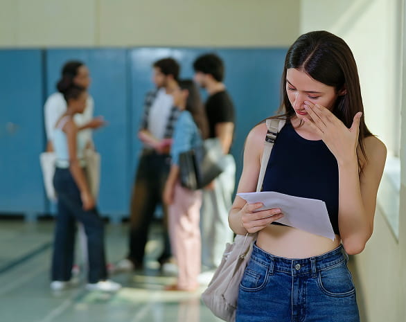 Experiencing Bullying - Girl wiping tears away as she walks away from a talking group at a school.